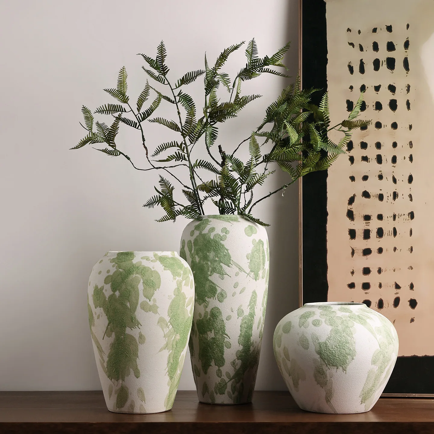 Green Splatter Ceramic Vase Matte Finish Wabi Sabi Style Rustic Home Decor Living Room Dried Flower Arrangement Statement Piece