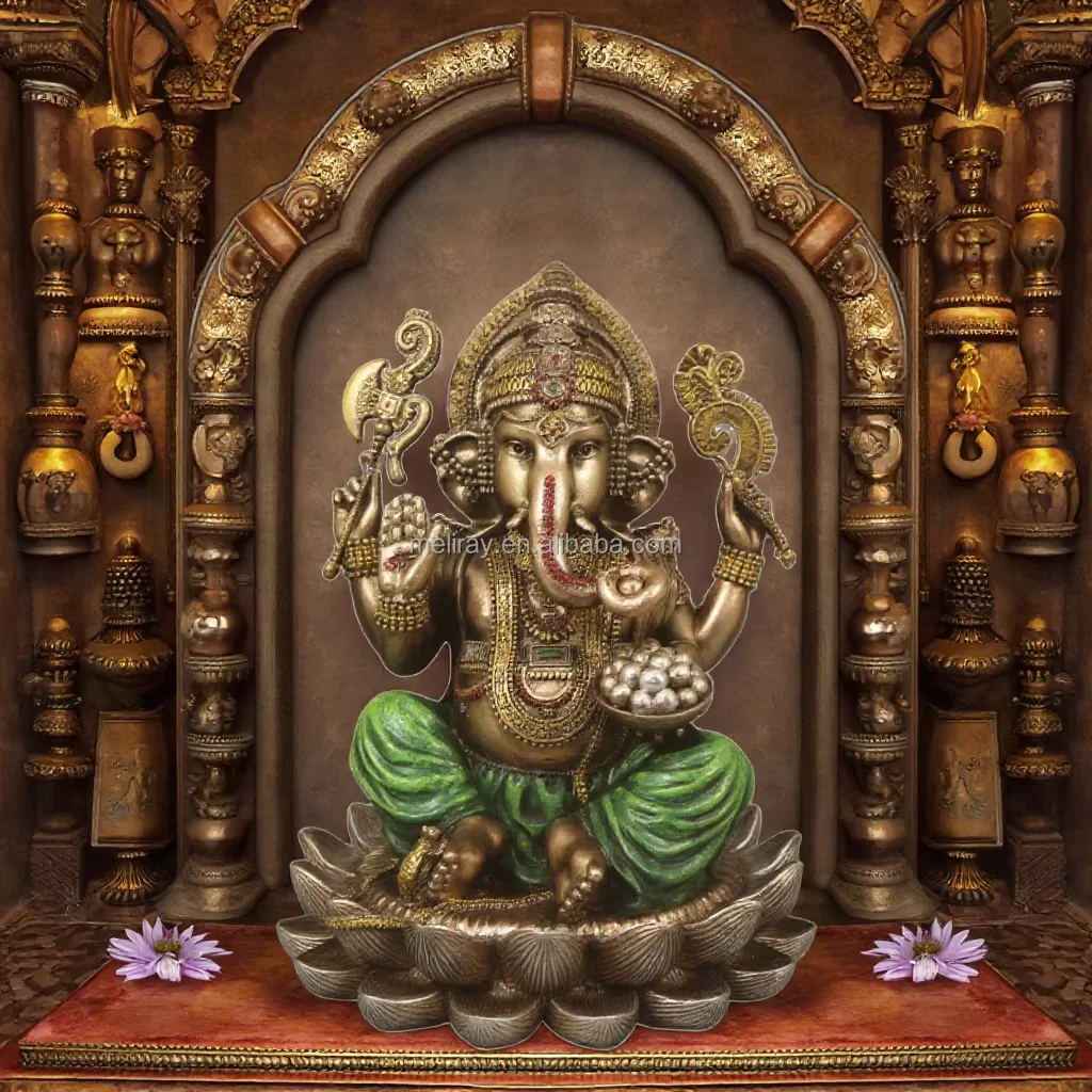 仿古青铜饰面树脂雕像主甘尼萨印度教神坐莲花装饰大象神成功佛家居包装盒, image size:1024x1024