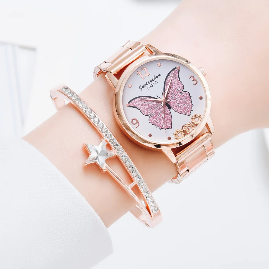 Simple Butterfly Dial Flowing Flower Steel Band Quartz Watches
