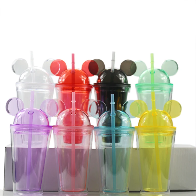 2023 Promotional Gifts Children Cartoon 16 OZ Mouse Ear Shape Dome Lid  Clear Acrylic Plastic Tumbler Cups With Straws