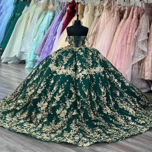 emerald green quince dress with flowers Ball Gown Emerald Green And White Wedding Dress Ball Gown Emerald Green XV Floral  Quinceanera Dresses