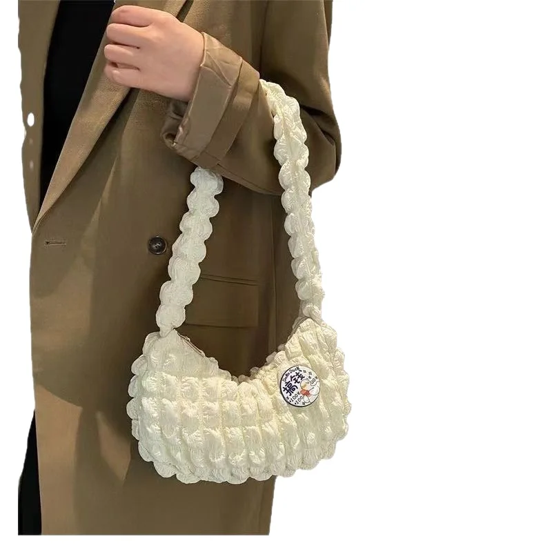 Trendy Women's Solid Color Cross-Border Handbag Trendy Cloud Bag Fashion Versatile Shoulder Pleated Bubble Polyester for Autumn