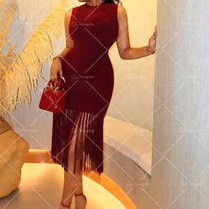 GX8267 Boutique 2026 Fashion Clothing Vendor Women Knitted Tassel Maxi Dress O-neck Sleeveless Elegant Casual Long Dresses