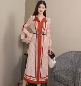 Miyake Pleated Dress Manufacturer - Wholesale of Formal Collar Wide-sleeved Dress with Belt in Large Size Available Now