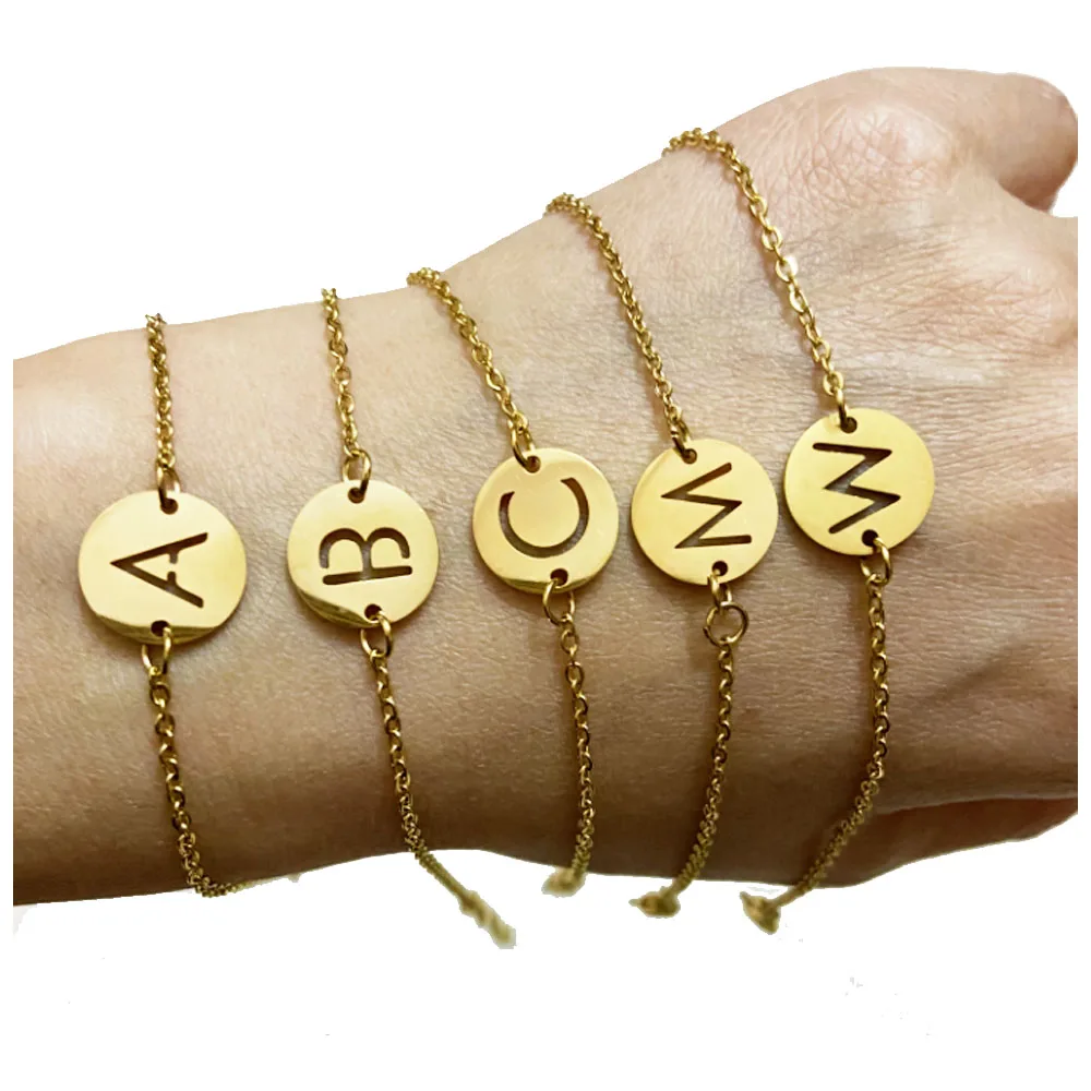Custom Gold Color Stainless Steel Bracelet Bangle with Zircon Letter  Initial Alphabet Charms Bracelets for Women Girl Jewelry