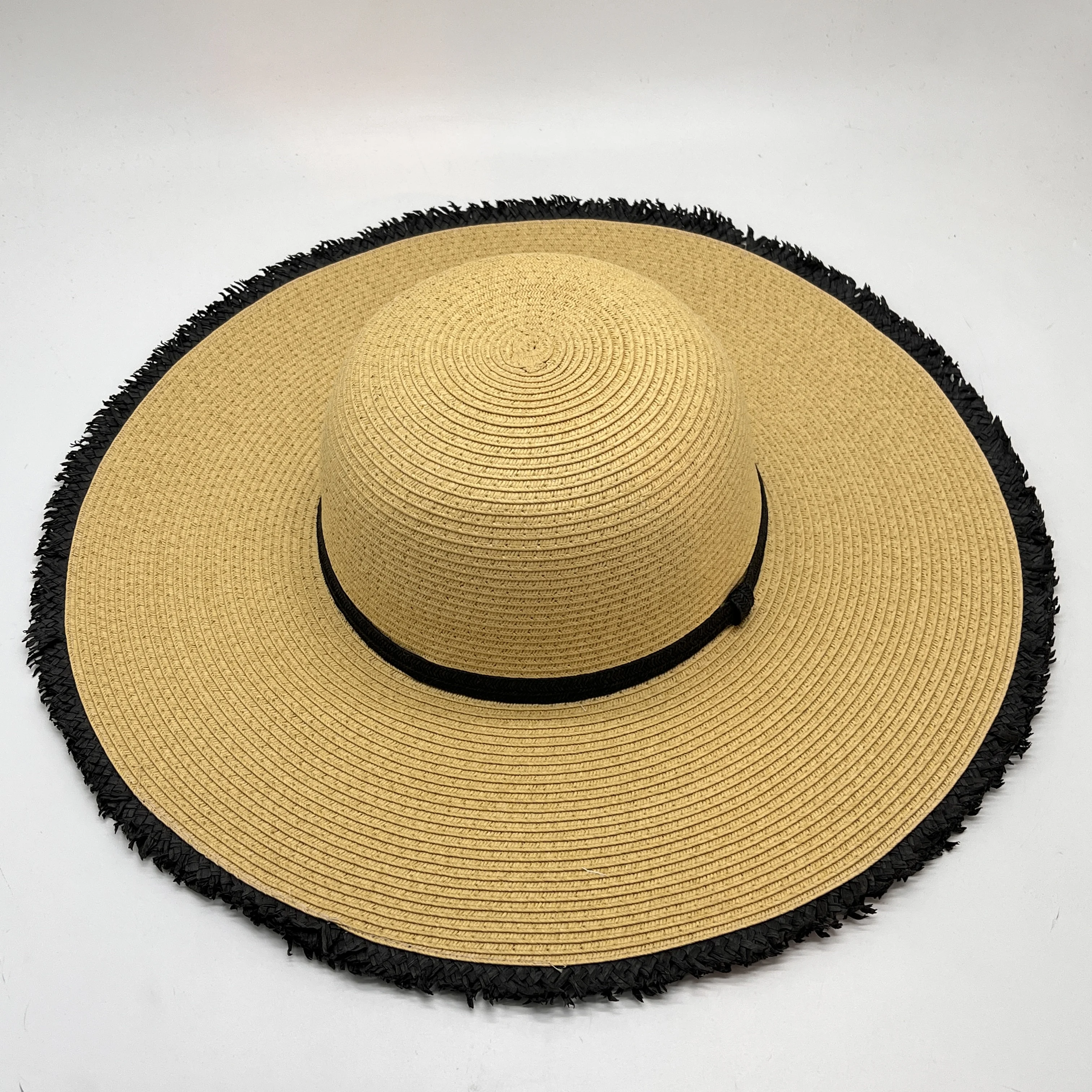 Cappello da spiaggia da donna pieghevole con tesa larga in paglia di carta e bordo sfrangiato, vendita diretta dalla fabbrica._voghion.com