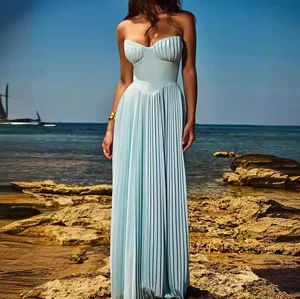 Pleated Maxi Dress for Women Fashion Strapless Sleeveless High Waist Bodycon Sexy Long Dress Tube Tops Party Dress 3161