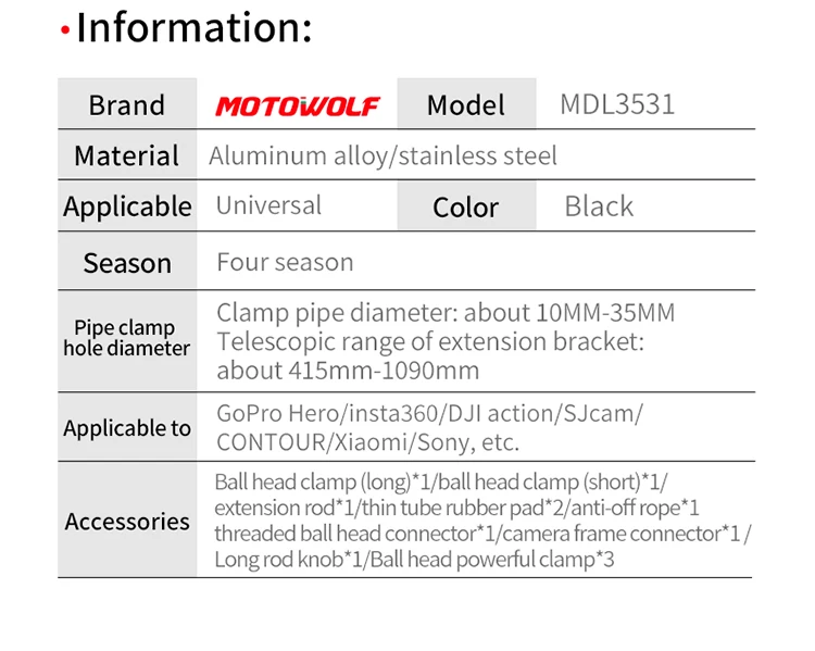 MOTOWOLF Motorcycle Multifunctional Adjustable Aluminum Alloy Camera Holder for Motorcycle