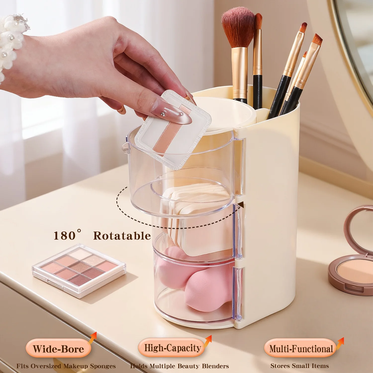 Rotating Dust-proof Makeup Organizer Desktop Compartment Storage Box for Makeup Sponges Cushion Compacts Cosmetics