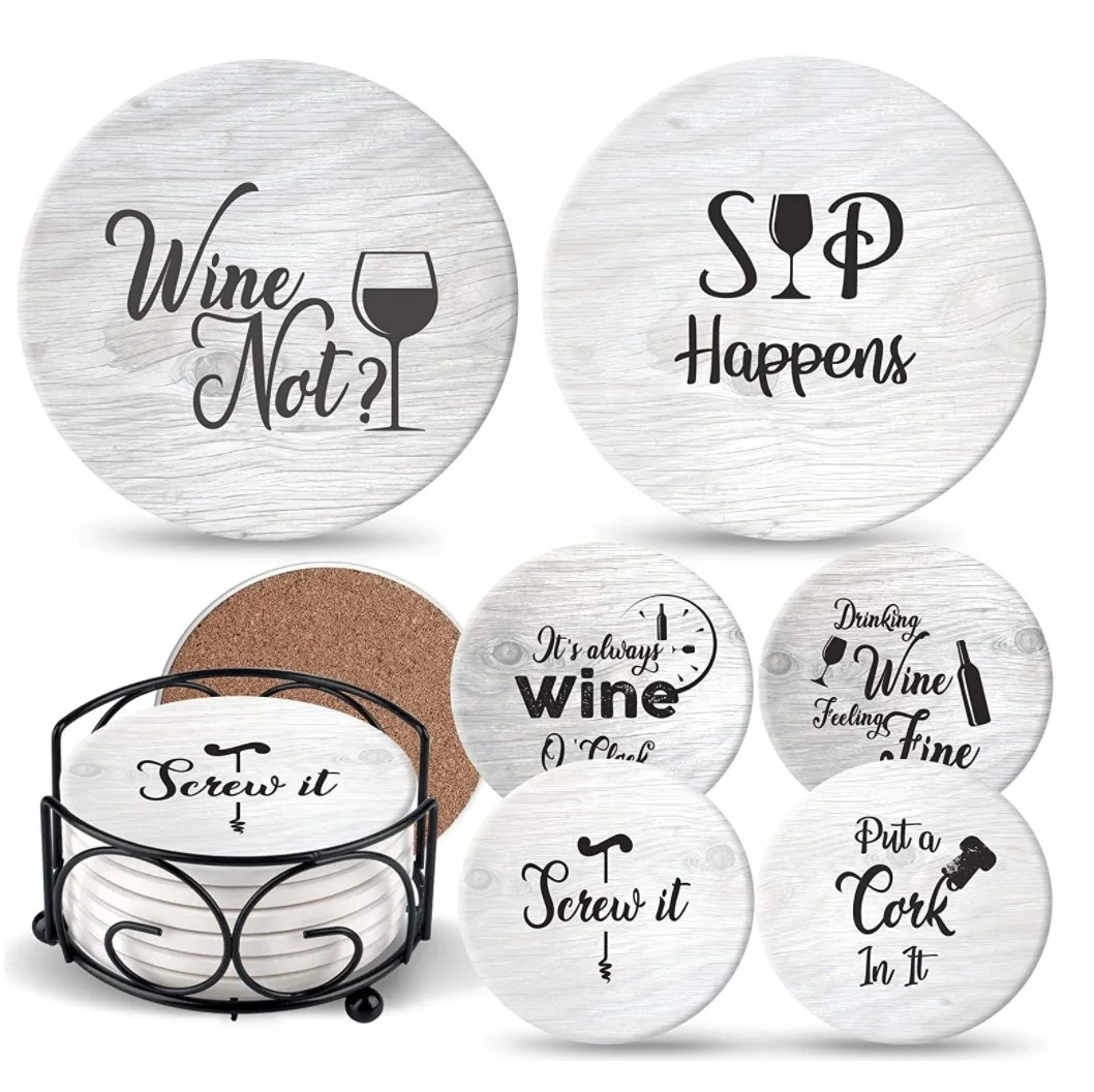 Coasters For Drinks Absorbents With Holder - 6 Pcs Gift Set