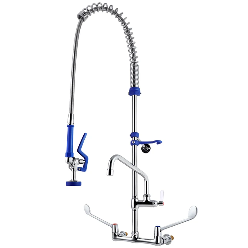 product industrial design wall mounted commercial kitchen faucet chrome finish dual handle pull down spray 2 holes hotel use brass-3