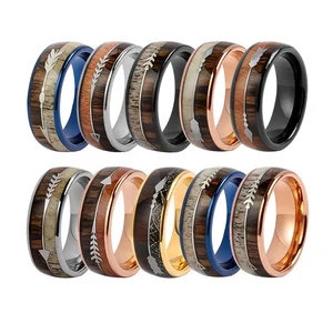 Epoxy Resin Antler and Wood Inlay Titanium Ring Stainless Steel Men 8mm Tungsten Carbide Ring Wedding Band