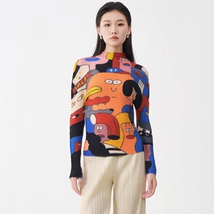 Miyake Pleated Top Latest Women's Fashion T-shirt Stretch Pleated Printed Shirt Loose Casual Top Factory Direct