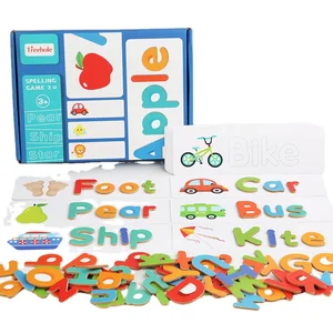 Hot-selling New Wooden 78 Pieces of Letters Spell Word Game 3d Puzzle Card Spelling Game Treehole Spell Words  Educational Toys
