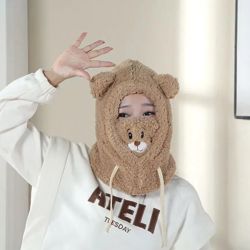 Wholesale Cute Korean fleece bear hat female new winter warm ear mask  three-in-one hat for girls From m.