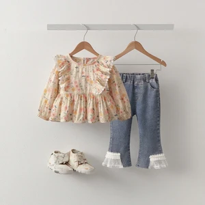 Girls' Casual Style Spring Autumn Woolen Floral Dress Top Long Sleeves Lace Matching Breathable Jeans-Two Piece Suit Clothes