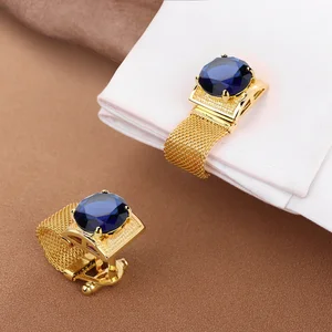 Luxury Blue Stone Cufflinks for Men Gold Plated Mesh Design Brass Material Business Wedding Custom Jewelry Gift
