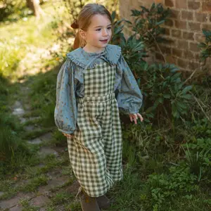 Vintage Casual Girls Teal Woven Solid O-Neck Outfit with Puffed Long Sleeves and Ruffled Cuff Featuring Wooden Buttons