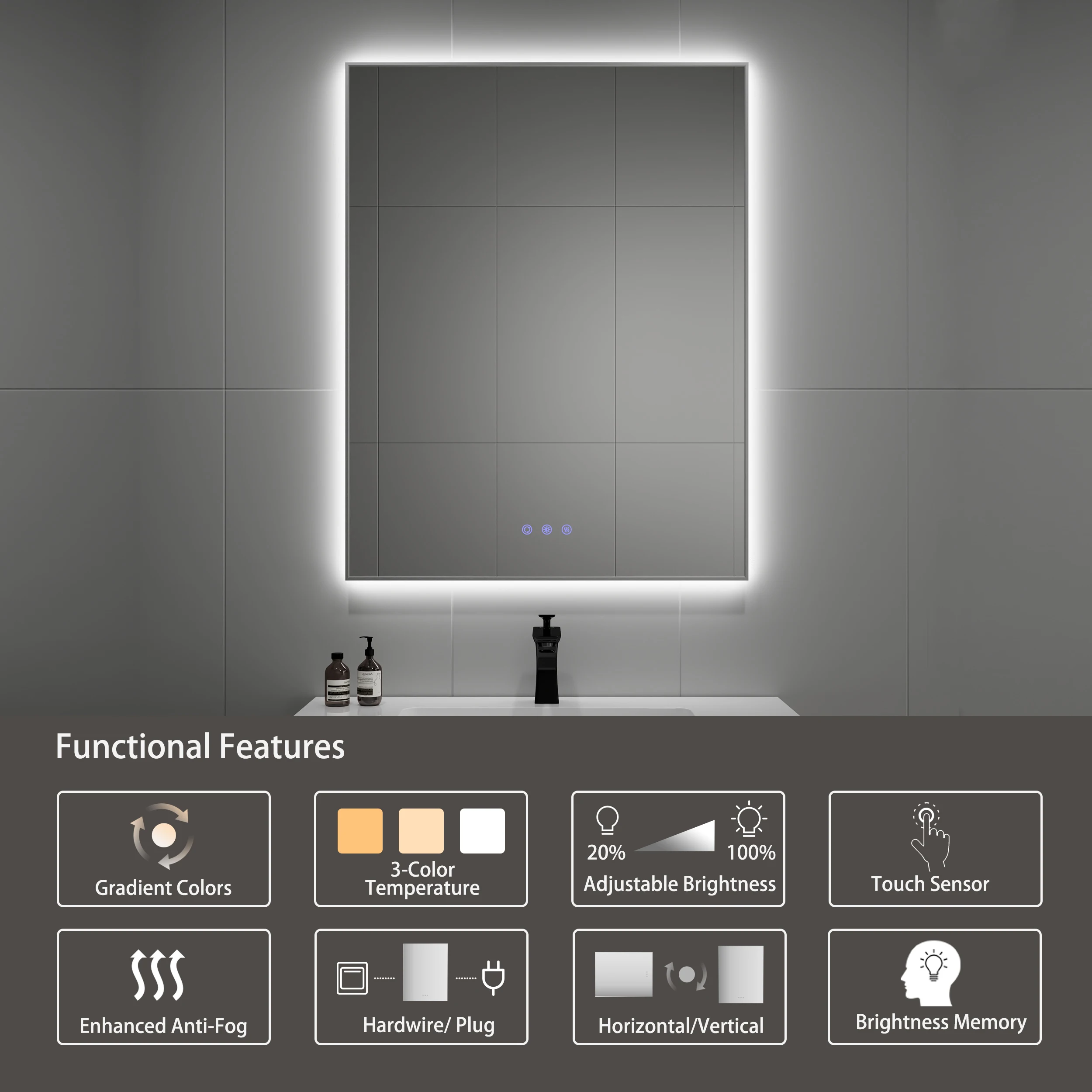 Custom 3 Lighting Colors Modern Anti Fog Smart With Touch Screen Framed 3500k/4000k/6500k Adjustable Bathroom Mirror With Light