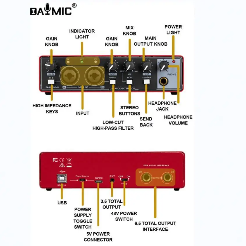 OEM Factory Pro Audio Interface 2In2Out Computer Audio Interface Recording Usb Recording logo Custom
