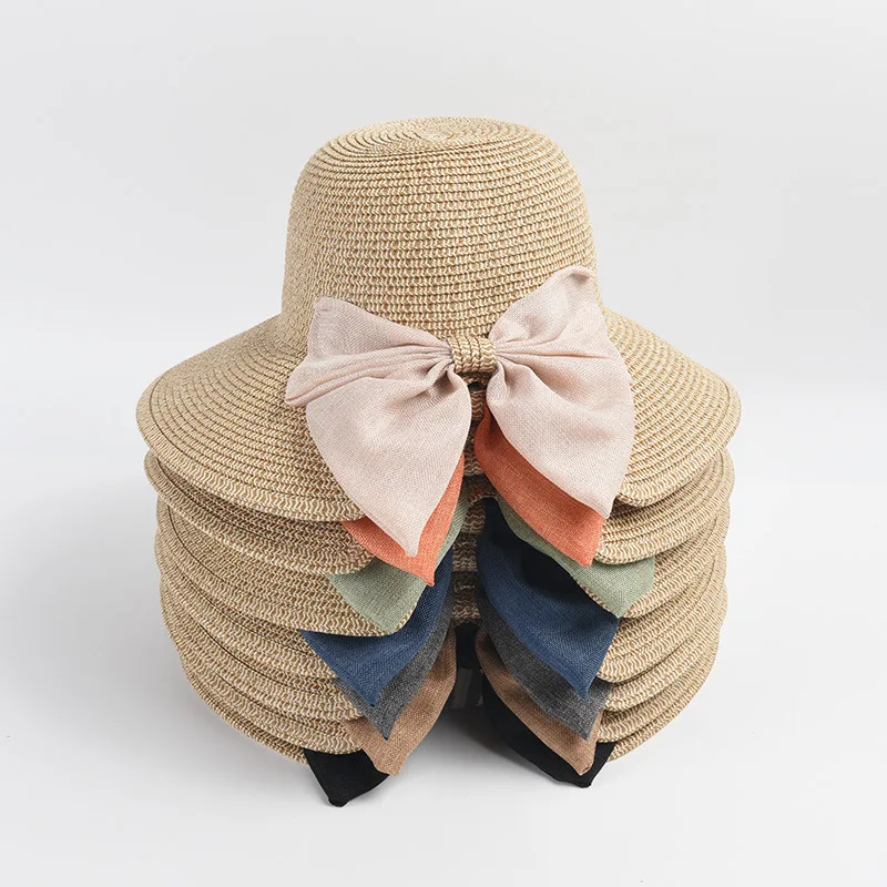 Japanese Split Bow Wide Brim Straw Hats Customized Women Summer Outing