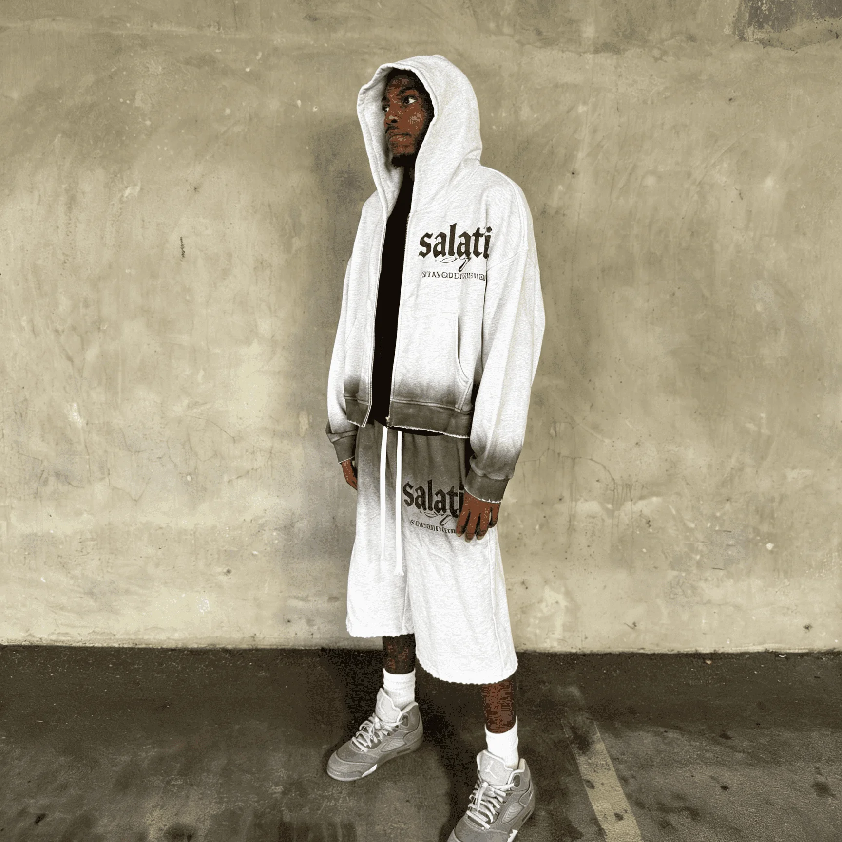 OEM Custom Men Short Hoodie Set White Ombre Zip up Sweatshirt Raw Hem Long Sweat Shorts Summer Apparel Top Men Casual Sets gallery 3