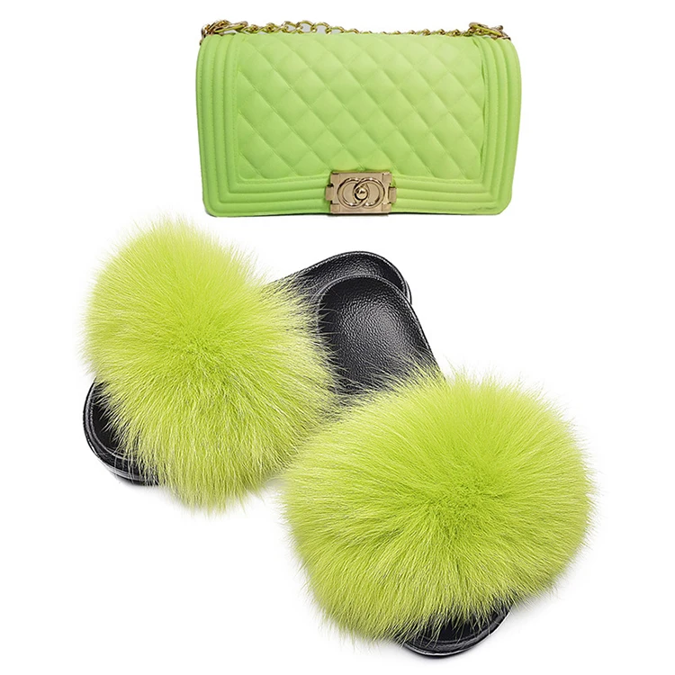 Quality Fox Fur Slides and Matching Purse and Sandals Shoe Sets  2021 Jelly Purse Sets