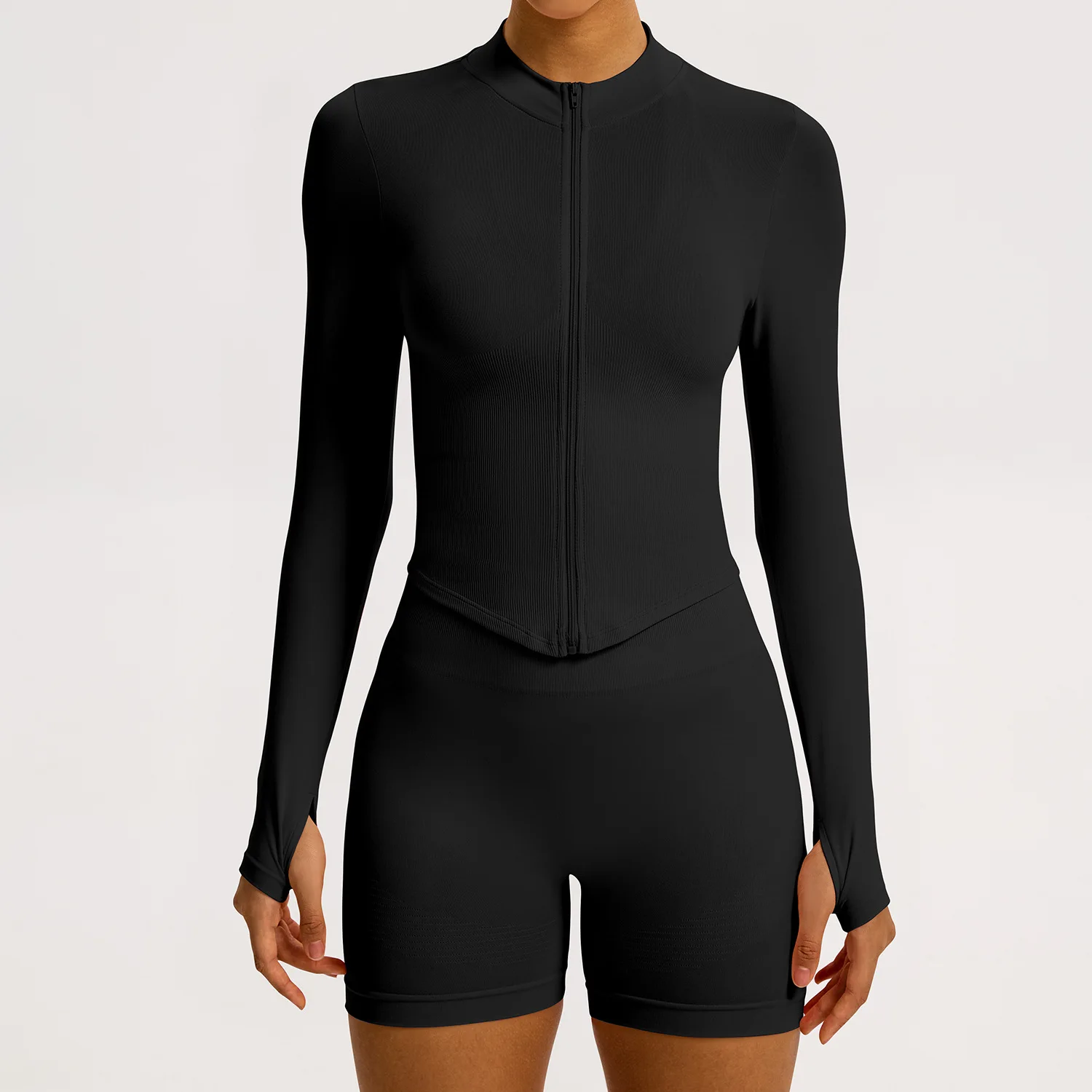 Slim Fit Zipper Stand Collar Long Sleeve Yoga Jacket Sets Tummy Control Color Blocking Q detail