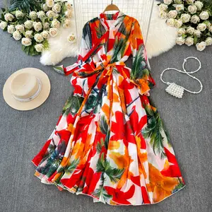 French Elegant Floral Pattern Chiffon Dress for Women Spring Summer Casual Slim-Fit Large Swing Lace-up Bow Collar for Vacation