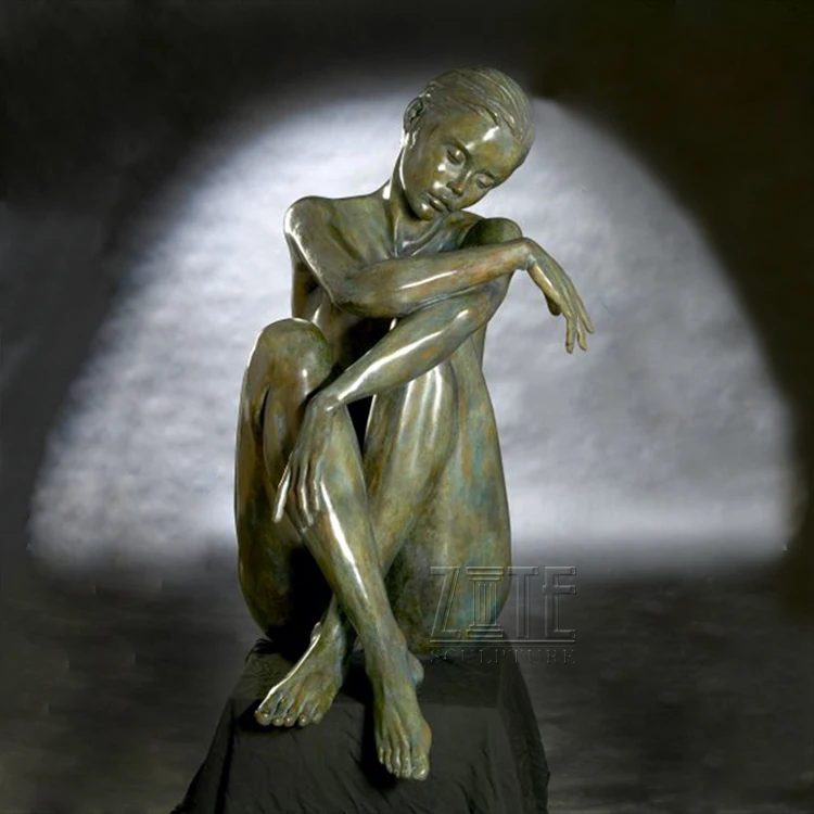 Metal Craft Decor Art Brass Lady Girl Sculpture Bronze Kneeling Woman Statue