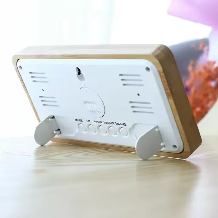 Large Display Digital Wooden LED Battery-Operated Night Table Wall Clock with Temperature Display and Humidity