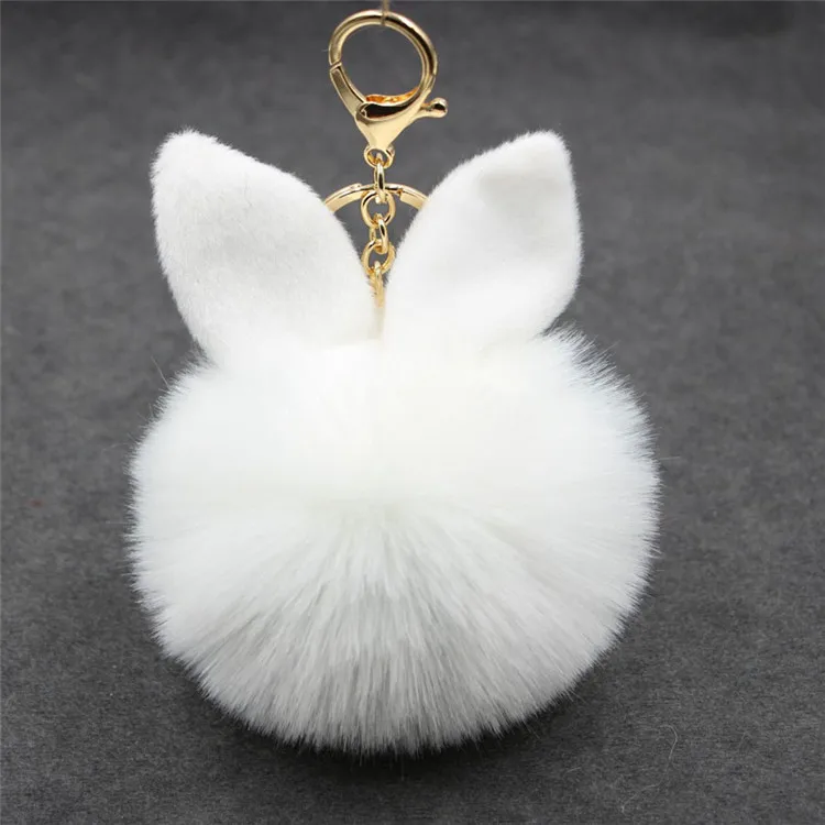 12 Cm Rabbit Ears Fur Ball Bag Charms With Golden Keyring Pom Pom