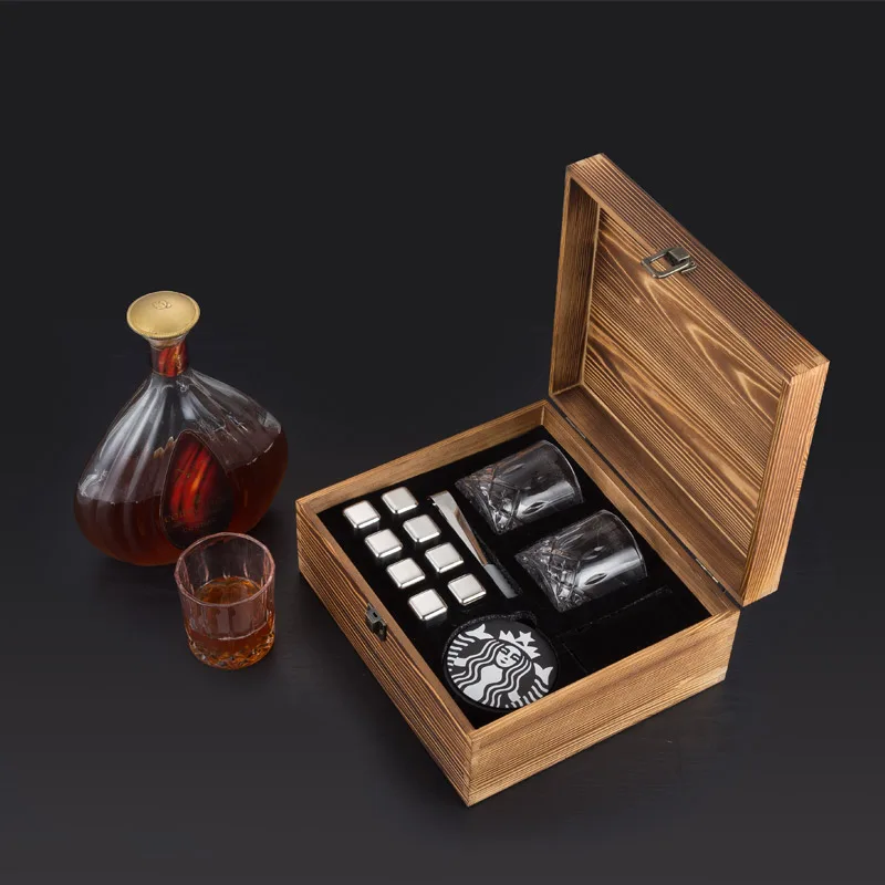 Amazon Hot Sales Whiskey Glass Set Ice Cube Wooden Box Set