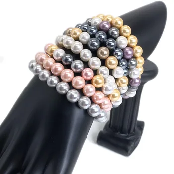 New 6/8/10mm Shell form Pearl Bracelet Fashion White color Pearl Beads Bracelet with Stretch Imitation Pearl strand Bracelets