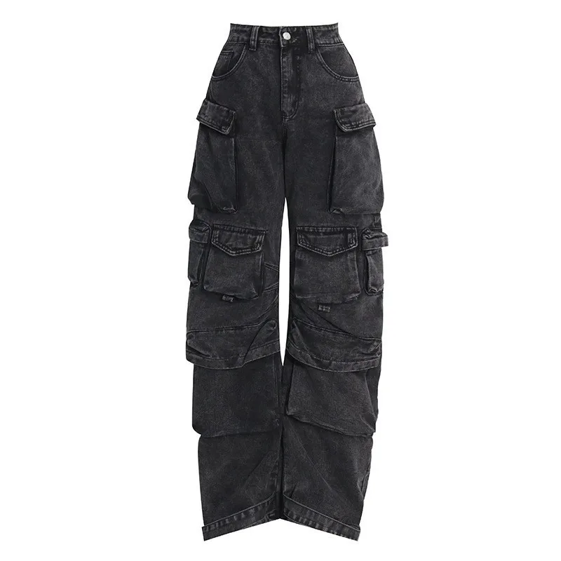 Bomblook C0904PT Fall Winter Washed Denim Wide Leg Jeans Cargo Jeans Women Denim Pants With Pockets Women
