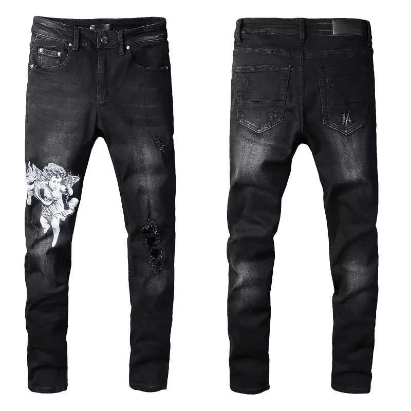 Hip Hop Vintage Straight Men's Jeans Skinny Streetwear Black Micro-Elastic Cotton Letters Print Tight-Fitting Style