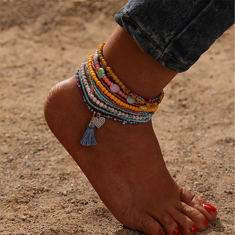 Colorful Beads Anklets Boho Strawberry Heart Tassel Charm