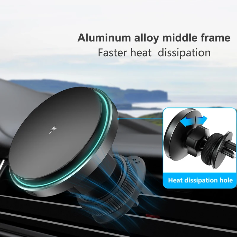 Middle Frame Circular LED Light 15w Magnetic Wireless Car Charger Aluminum Alloy New Black Mobile Phone Charging