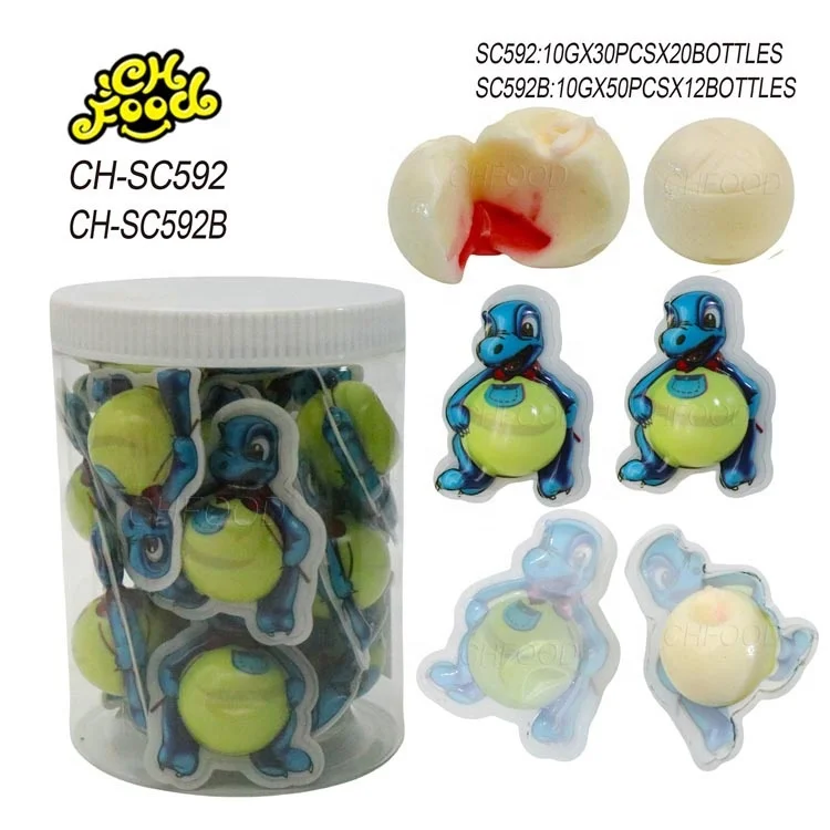 Wholesale 10g Halal 3d Cartoon Dinosaur Shape Strawberry Jam Filled in Ball Gummy Candy Sweets Snack Food