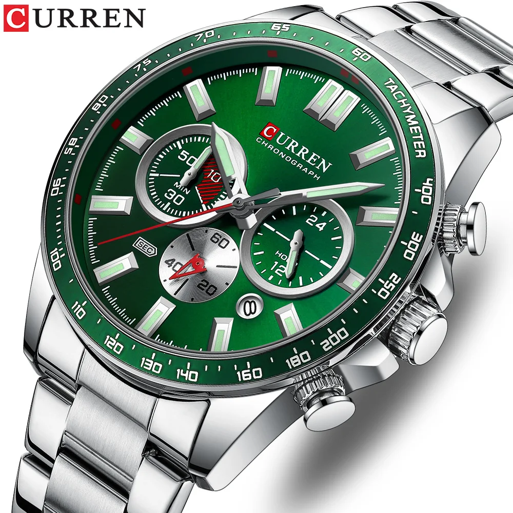 CURREN 8418 reloj cronógrafo verde para hombre, acero inoxidable