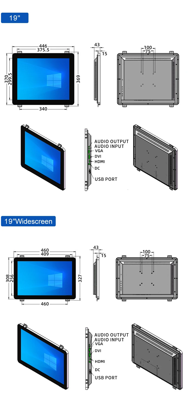 21.5 Inch Industrial Lcd Monitor Touch Screen VESA Embedded Pure Flat Wall Mounted Metal Aluminum Casing Display Touchscreen