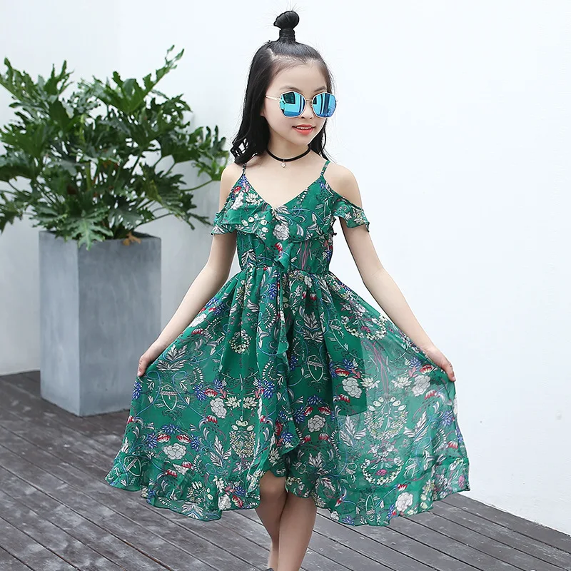 2022 Girls Dress Bohemian Summer Dresses Off Shoulder Floral Print Chiffon Casual Beach Sundress Teenage Kids Wear Teen Clothes