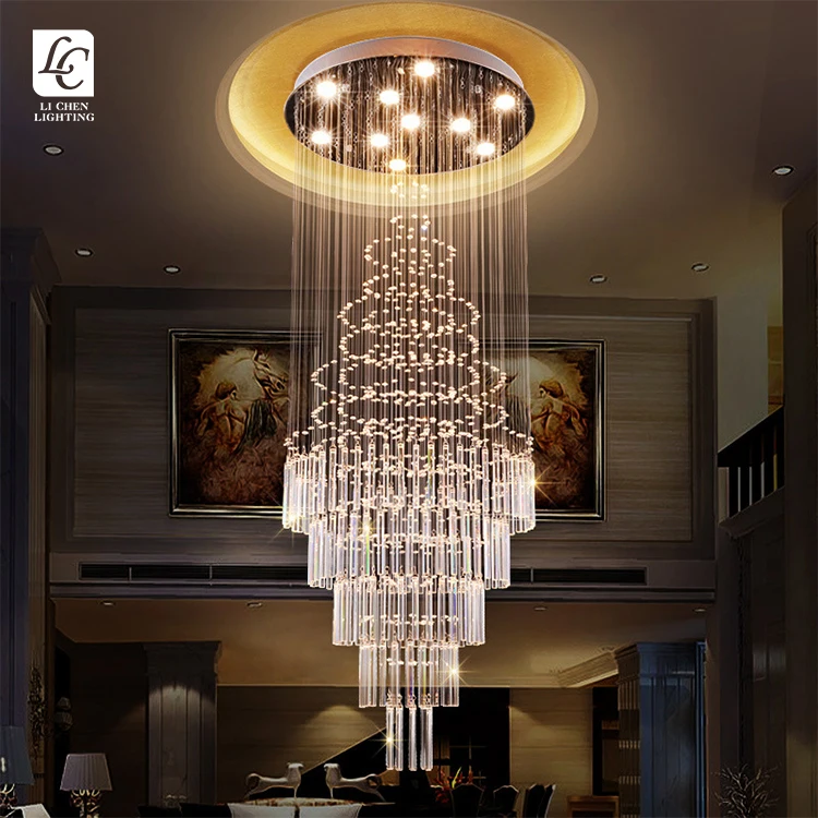 P0027 Modern Spiral Crystal Chandelier – Long Luxury LED Pendant Light for High Ceiling Staircase