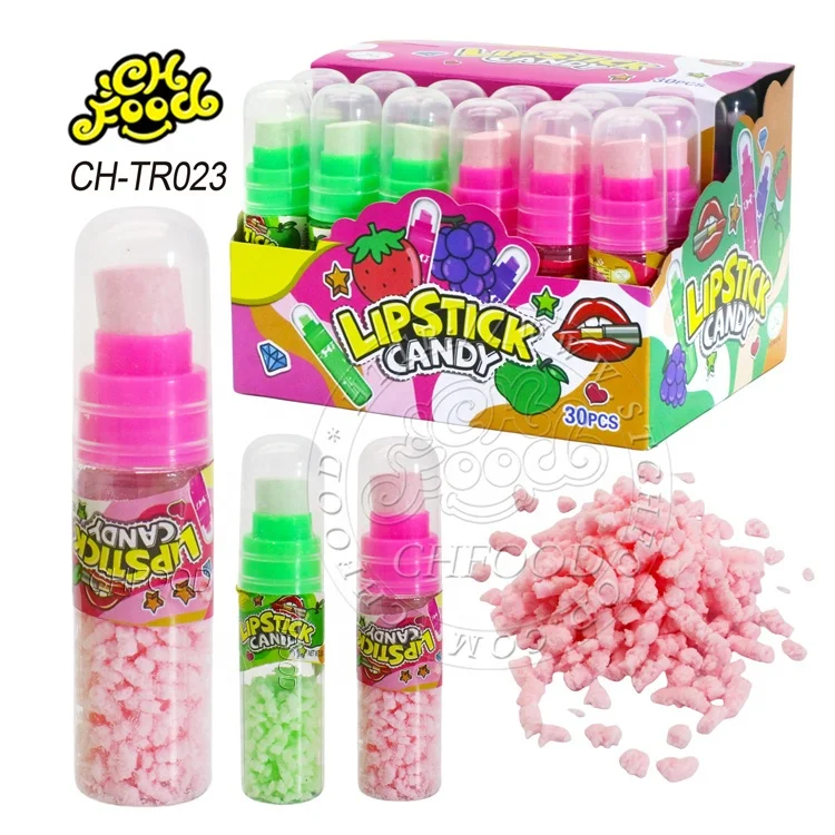 Low MOQ Finger Push Lipstick Fruit Flavor Tablet Candy with Sour Powder Candy Sweets Toy Custom Lollipop for Kids