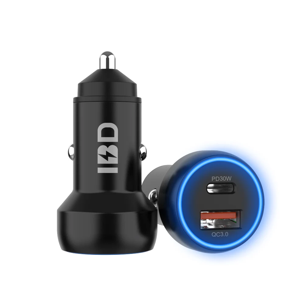 Высококачественное универсальное автомобильное зарядное устройство IBD с 2 USB-портами на 48 Вт QC3.0 18 Вт PD 30 Вт, зарядное устройство для мобильного телефона с индивидуальным логотипом, металлический дизайн
