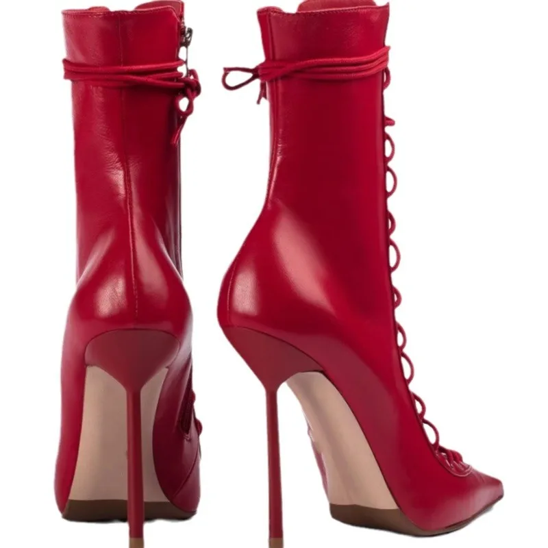 Lace Up Dress Red Stiletto High Top Ankle Boots Pointed Toe Plus Size Sexy Women High Heel Short Boots - Image 3