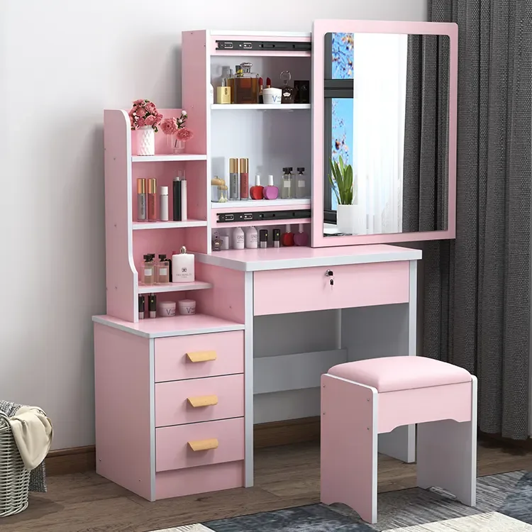 Modern Bedroom Furniture Storage Cabinet Led Hair Makeup Dressing Table Set  pink Ladies Vanity Dresser Table Mirror with Lights