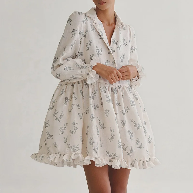 Relaxed Fitting Linen Dress with Floral Print & Side Pockets