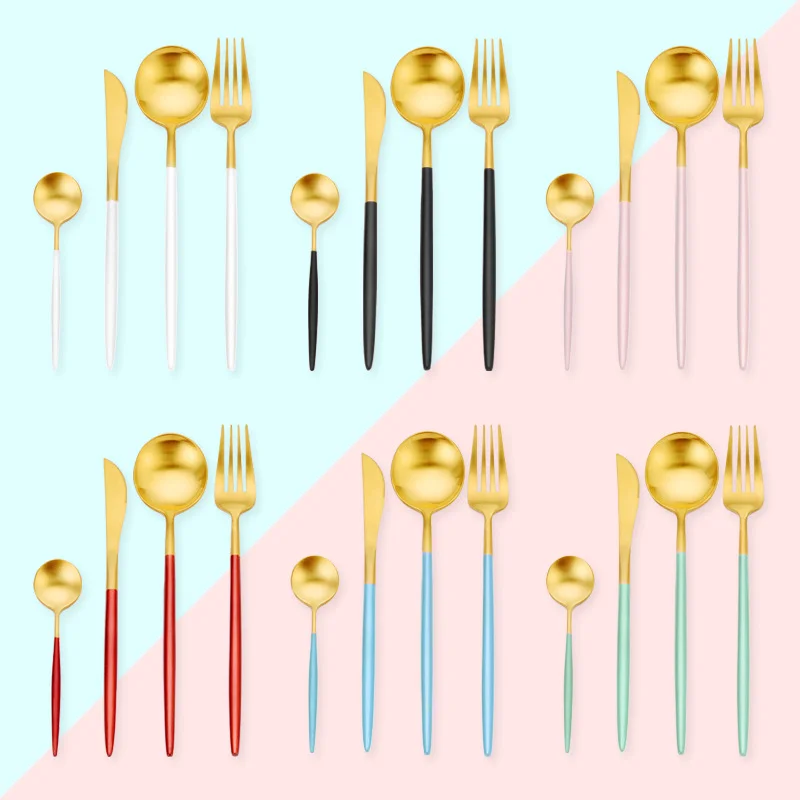 High Quality Stainless Steel Reusable Titanium Gold Plated Matte Gold Restaurant Copper Cutlery Set for Wedding