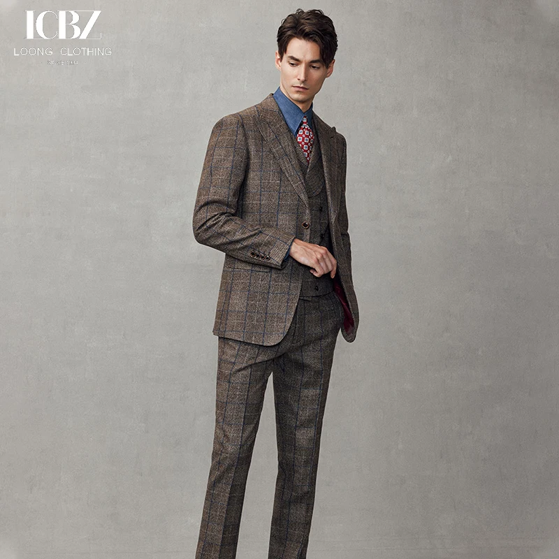 Vintage Men Suits 3 Pieces Brown Plaid Wool Suit Men's Single Breasted Groom Wedding Dress Formal Men's British Business Suit